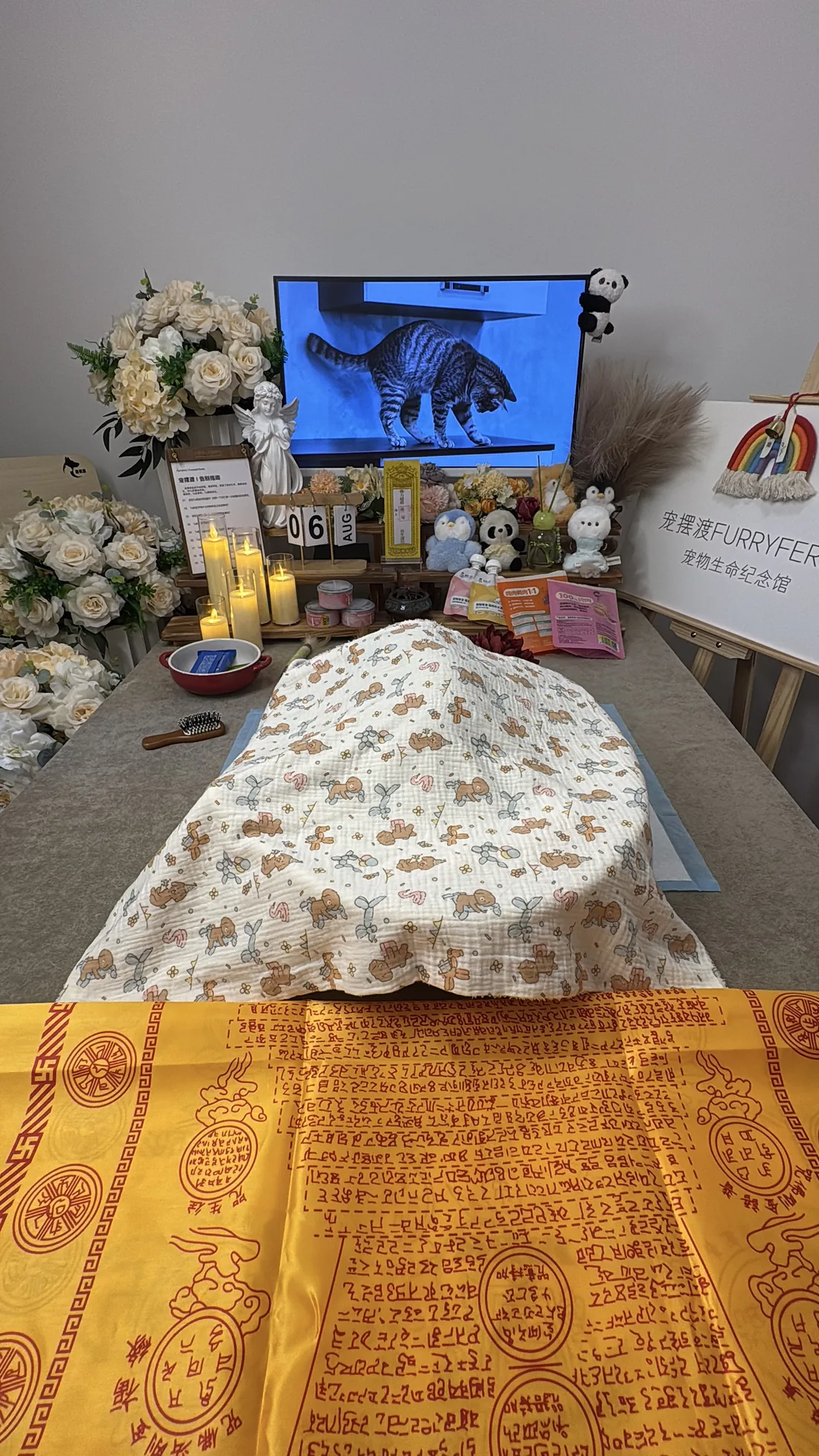 昆明宠物告别仪式中的鲜花与纪念照片
